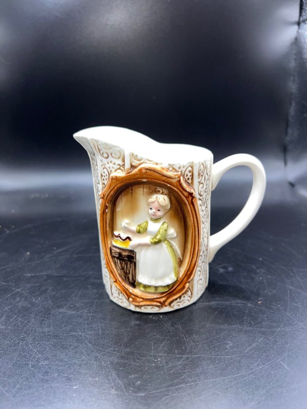 Sears Roebuck 1978 Japan Ceramic Creamer Pitcher Embossed Girl Design Vintage